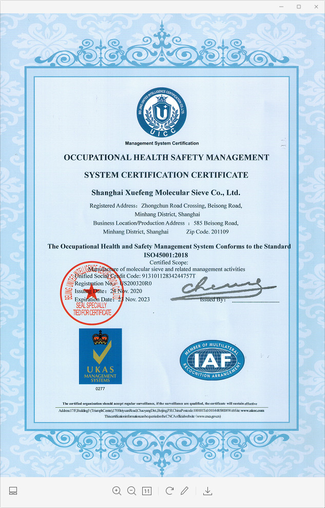 China Shanghai Snowpeak Molecular Sieves Co. Ltd Zertifizierungen